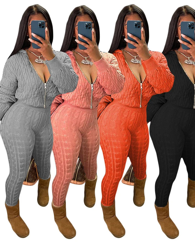 Women's Knit Hooded Sweater and Pants 2-Piece Set | Fall Winter Loungewear Outfit