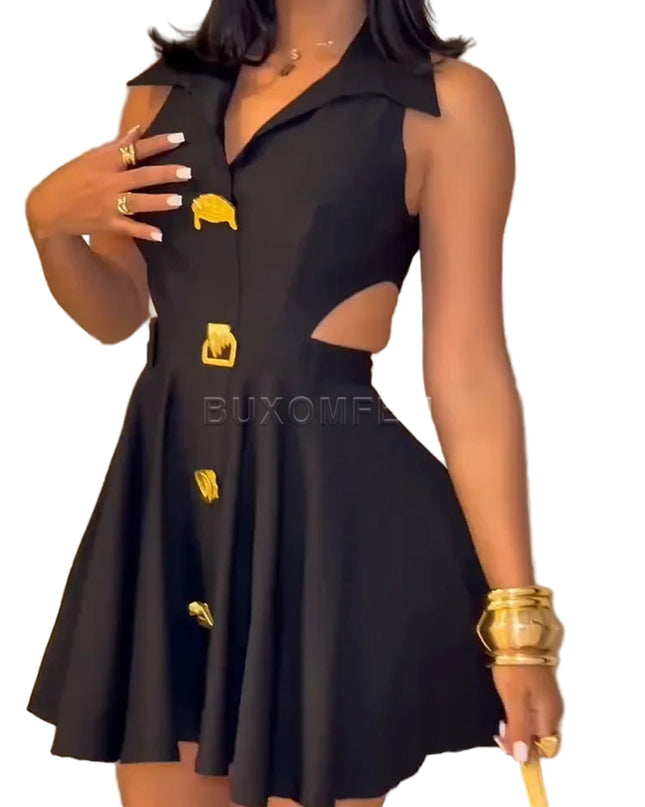 Black dress with gold buttons worn by a model, with 'Buxomflem' branding.