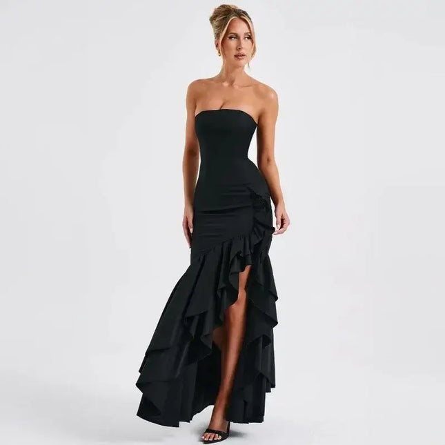Elegant woman wearing a sexy strapless summer dress with ruffles, perfect for fashion-forward occasions.