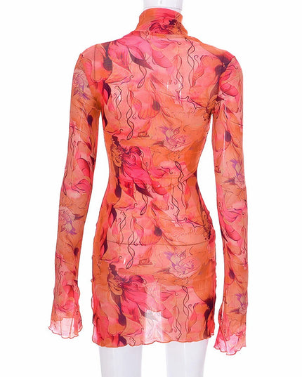 Back view of a Y2K mesh bodycon dress in vibrant pink hues, featuring long bell sleeves and a stylish design.