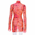 Back view of a Y2K mesh bodycon dress in vibrant pink hues, featuring long bell sleeves and a stylish design.