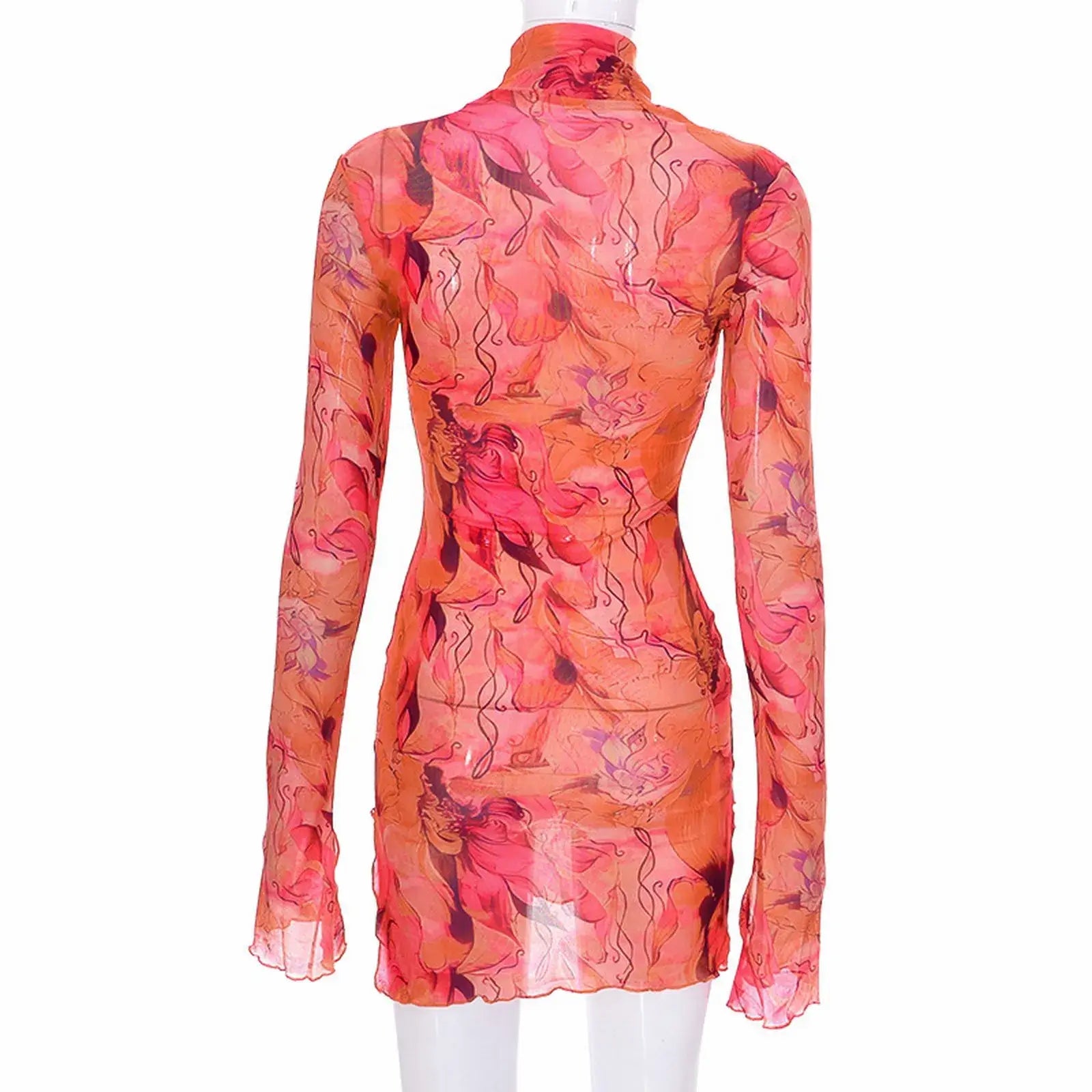 Back view of a Y2K mesh bodycon dress in vibrant pink hues, featuring long bell sleeves and a stylish design.