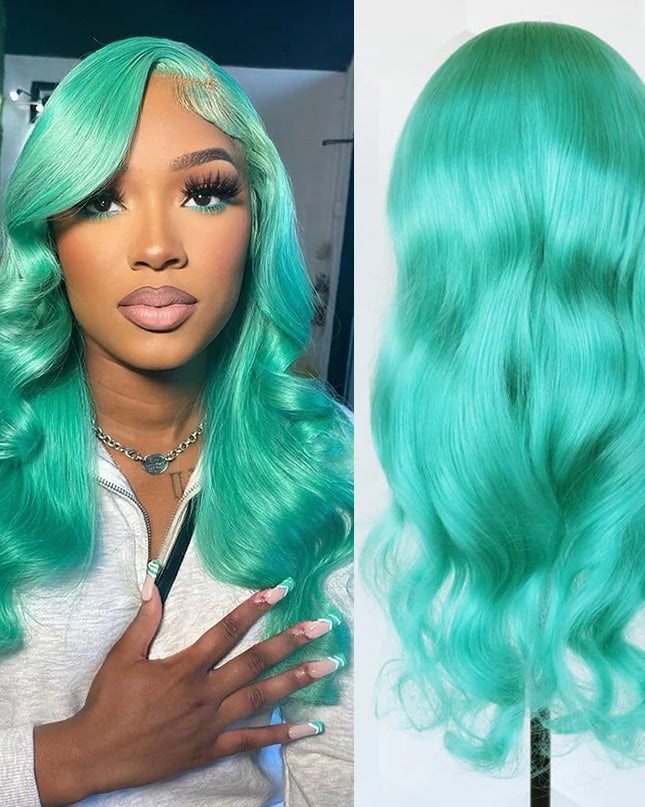 Person with teal hair and a close-up of the wig on a white background