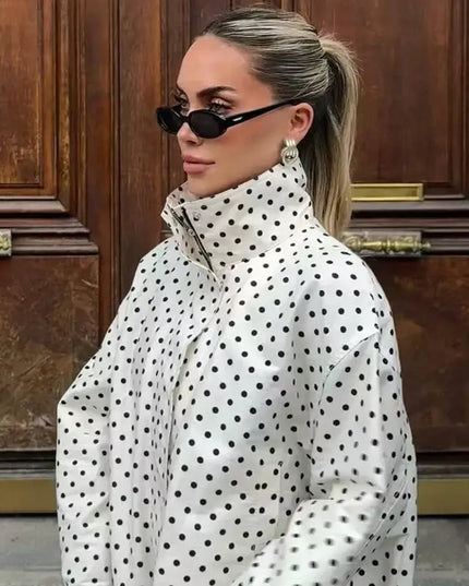 HXAO Polka Dot Bomber Jacket Women's Jackets Demi-Season Oversized Long Sleeve Top Outerwear Aviator Plus Size Zip Up Crop Coats