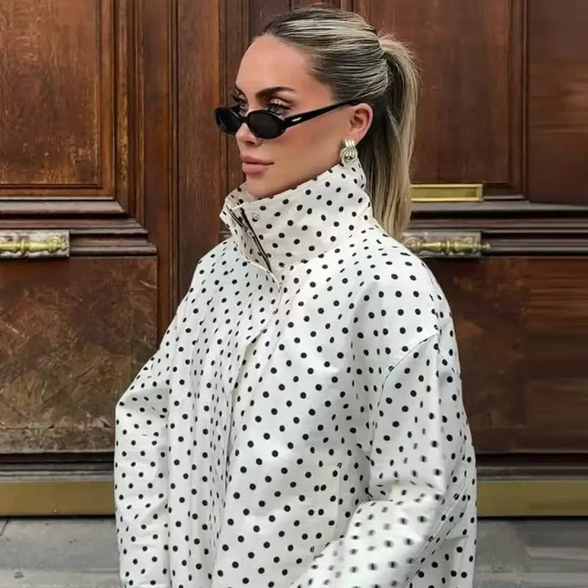 HXAO Polka Dot Bomber Jacket Women's Jackets Demi-Season Oversized Long Sleeve Top Outerwear Aviator Plus Size Zip Up Crop Coats