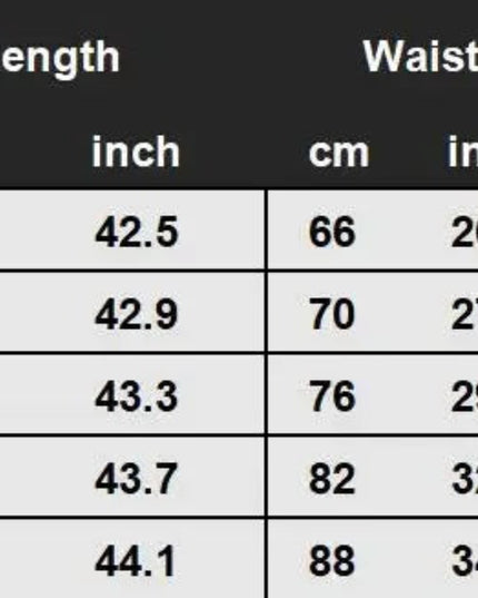 Size chart for clothing with measurements in centimeters and inches.