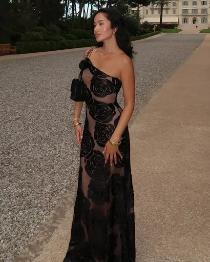 Oligai one shoulder elegant dress with sexy mesh design, perfect for weddings and parties.