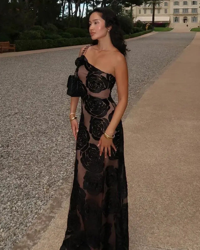 Oligai one shoulder elegant dress with sexy mesh design, perfect for weddings and parties.