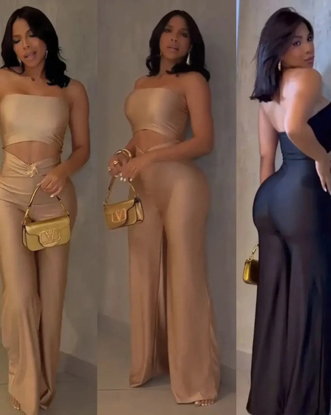 Three images of a woman in different outfits with a gold handbag.