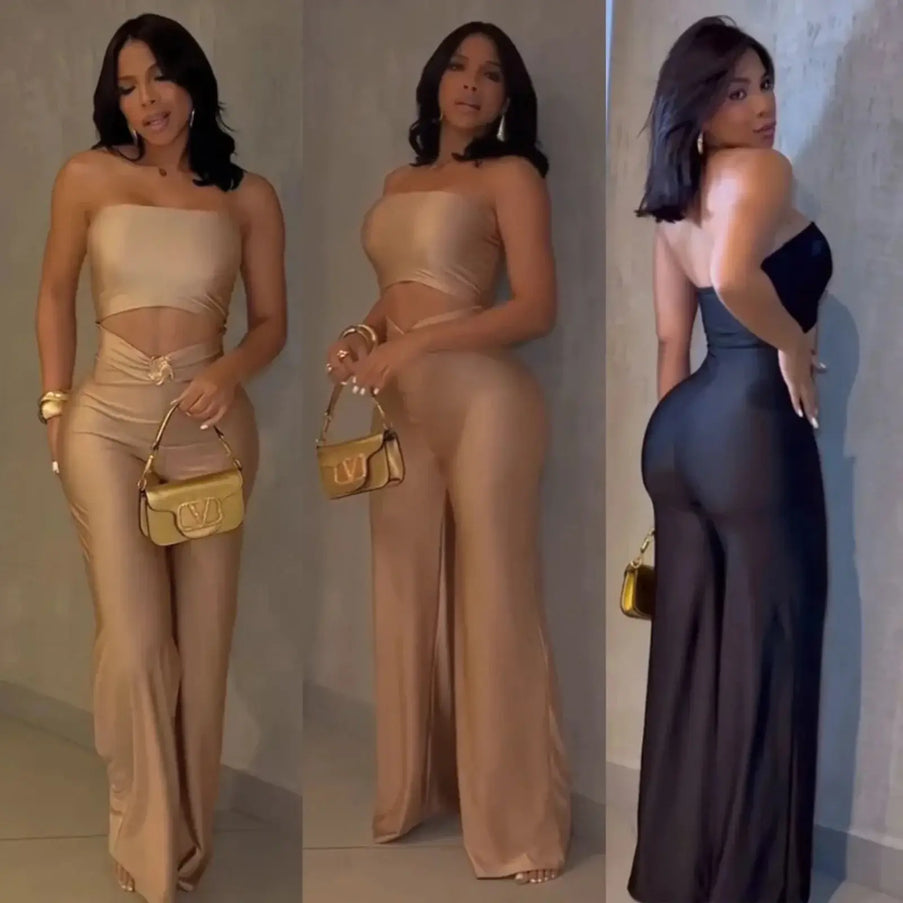 Three images of a woman in different outfits with a gold handbag.