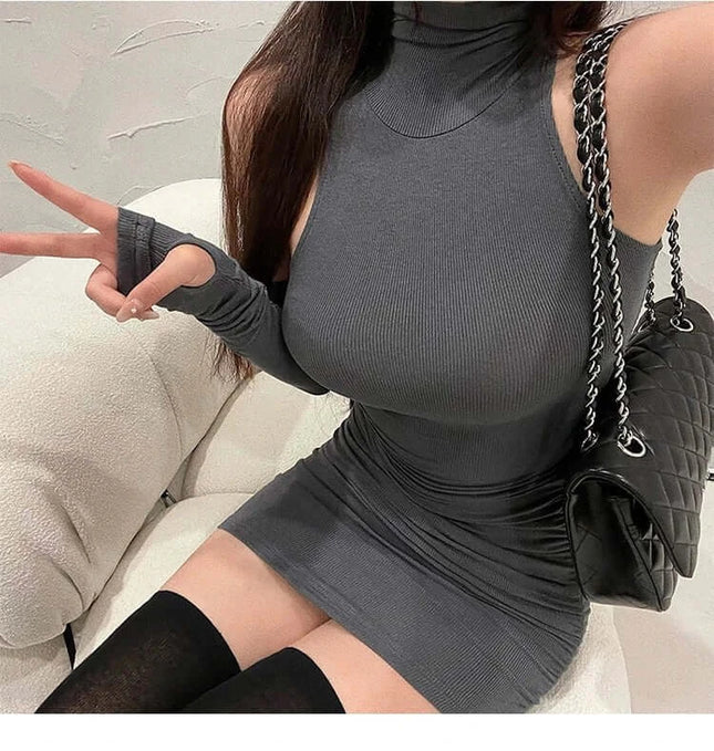 Summer High Neck Bodycon Dress | Oversleeve Tight Fit Wrapped Hip Dres