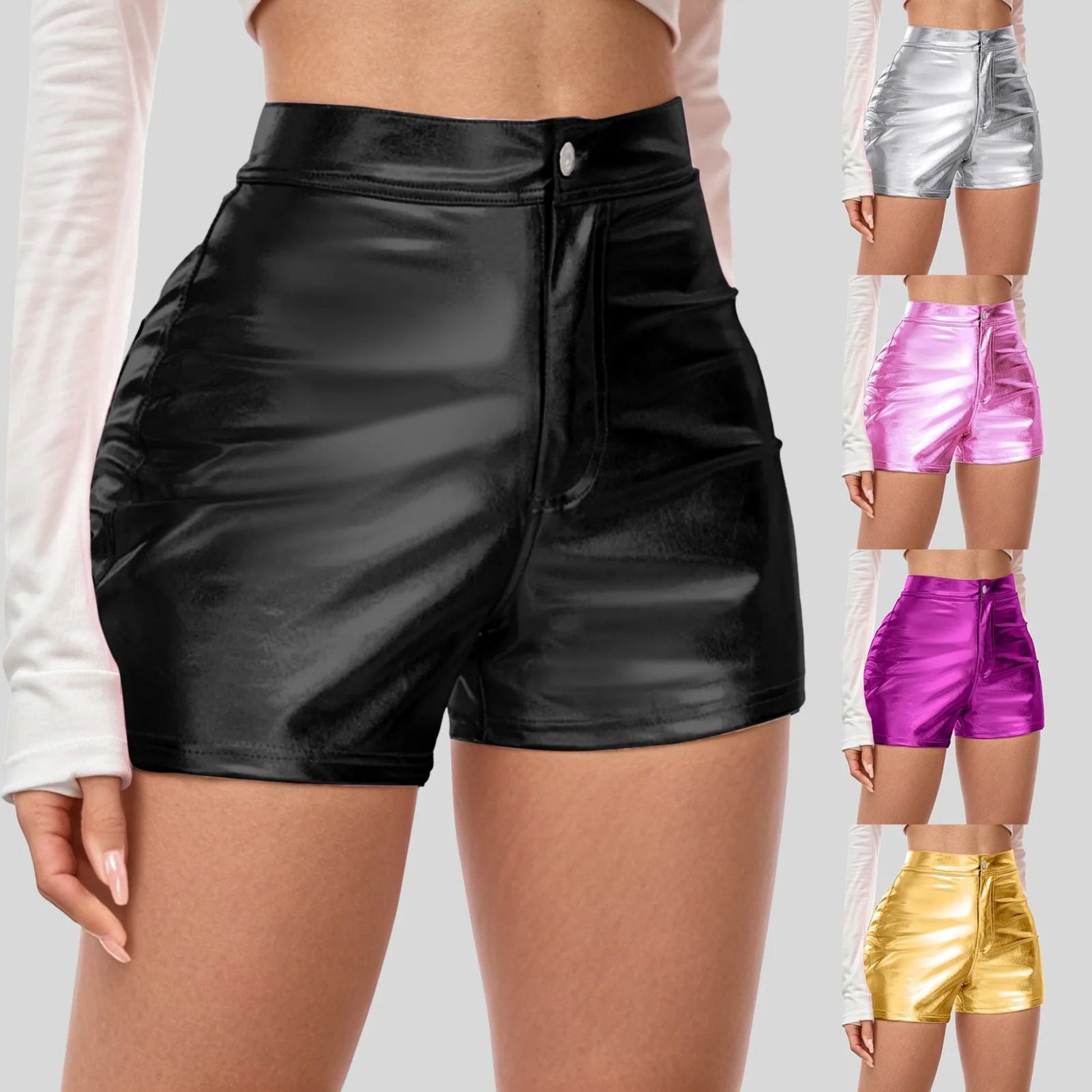 Black metallic shorts with additional colors on a plain background