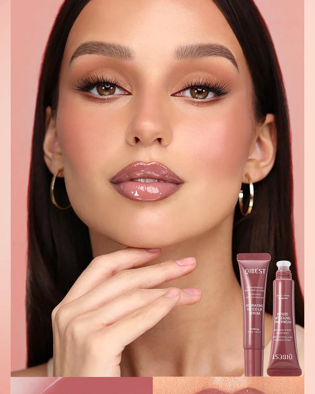 Model wearing lipstick with product packaging displayed, set against a pink background.