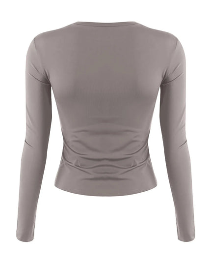 Back view of women's long sleeve crop top in brown showing slim fit and O-neck design.