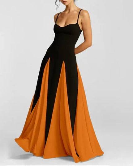Color contrast evening party dress with V-neck, off-shoulder design in black and orange for stylish holiday parties.