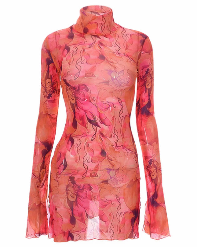 Y2K Mesh Bodycon Dress – Bell Sleeves, Open Hip Design