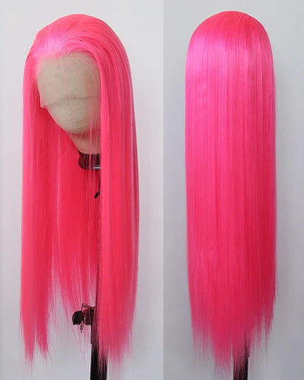 Neon pink wig on a mannequin head with a plain background