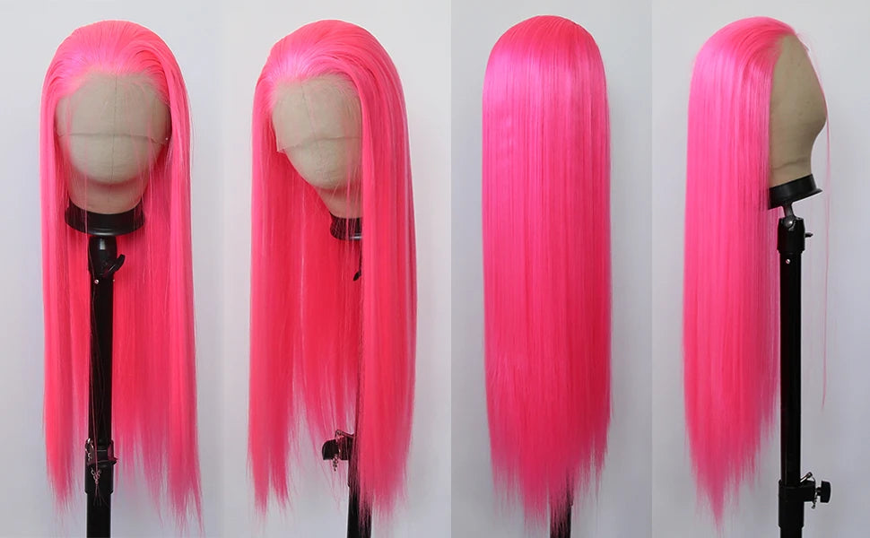 Neon pink wig on a mannequin head with a plain background