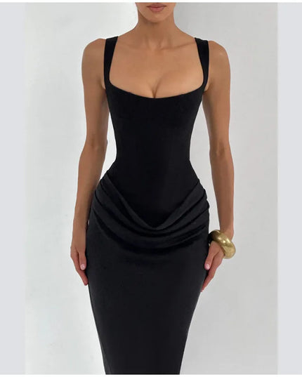 Black sleeveless gown with a square neck and draped details, showcasing an elegant silhouette.