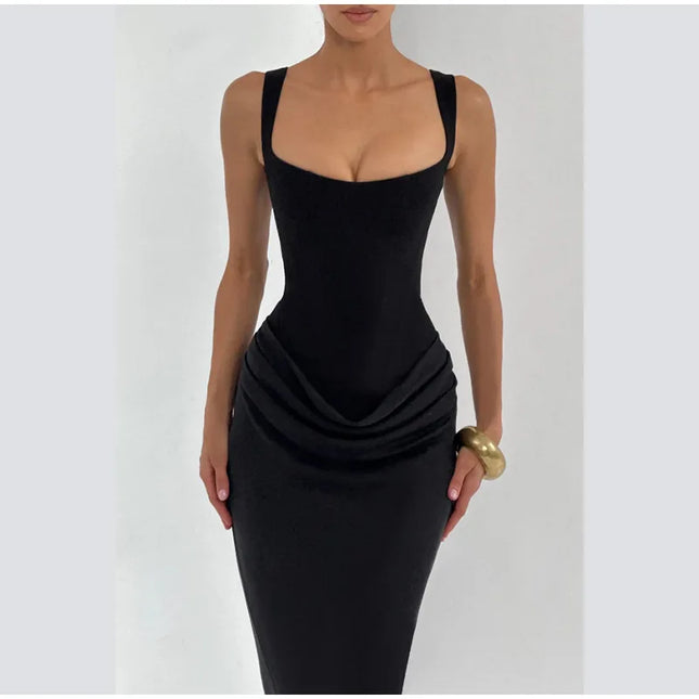 Black sleeveless gown with a square neck and draped details, showcasing an elegant silhouette.