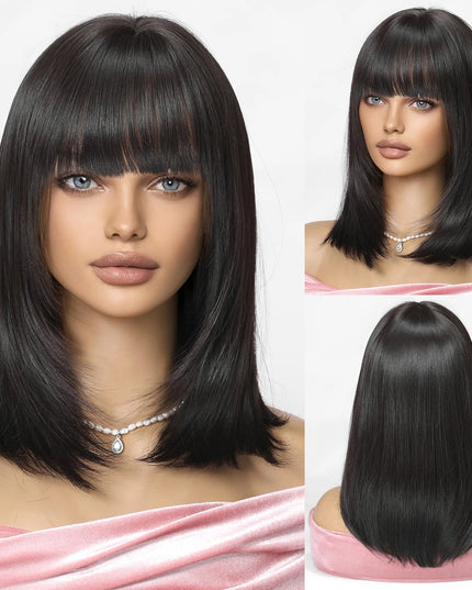 Black wig with bangs displayed on a mannequin and close-up view.