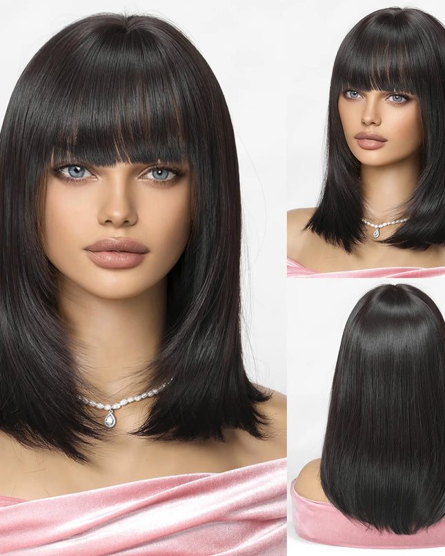 Black wig with bangs displayed on a mannequin and close-up view.