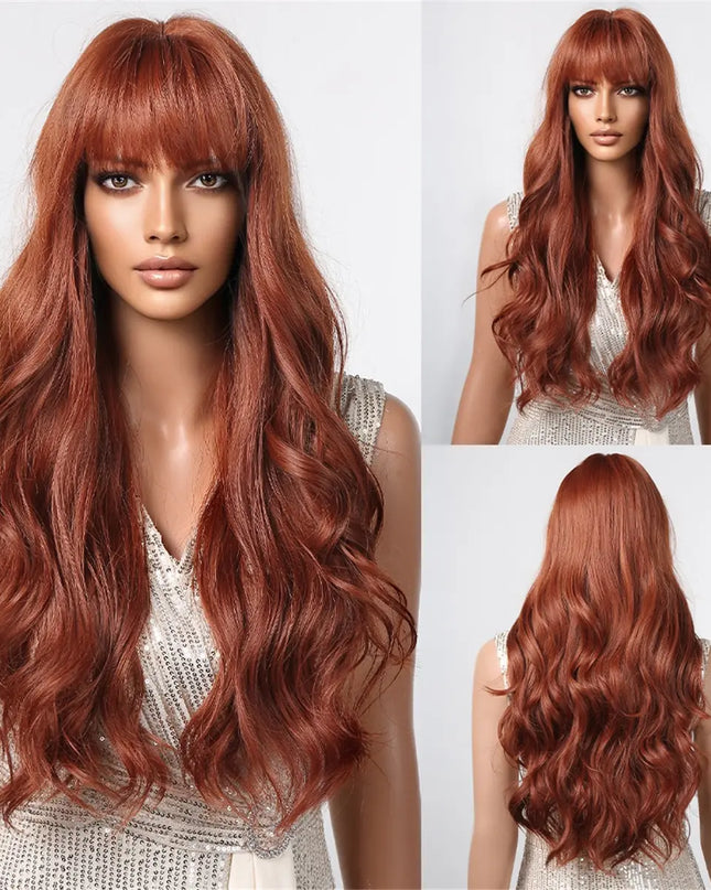 Brown Wavy Wigs for Women with Bangs Long Natural Synthetic Hair Wig Daily Cosplay Heat Resistant