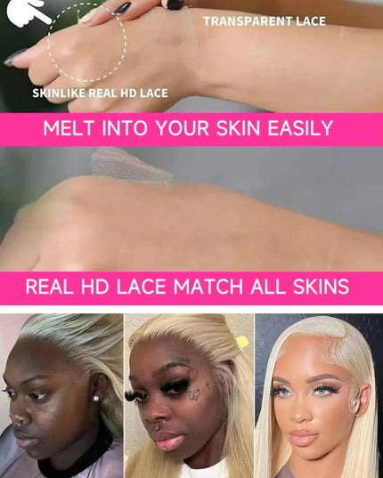 Hair extensions with text highlighting features like 'Transparent Lace' and 'Real HD Lace Match All Skins'.