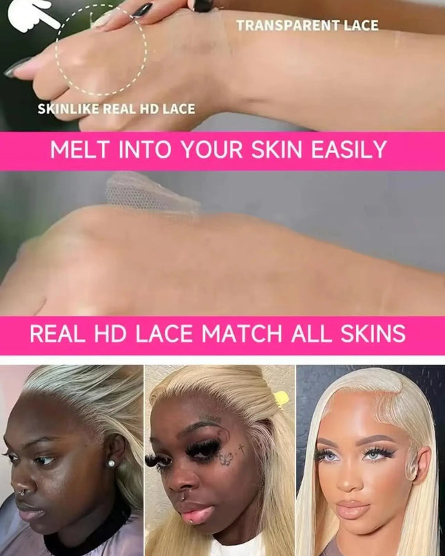 Hair extensions with text highlighting features like 'Transparent Lace' and 'Real HD Lace Match All Skins'.