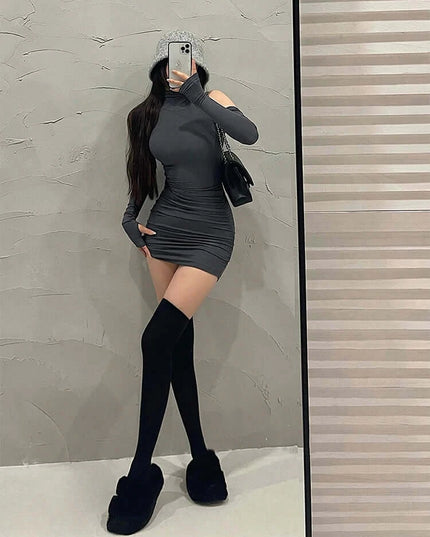 Summer High Neck Bodycon Dress | Oversleeve Tight Fit Wrapped Hip Dres