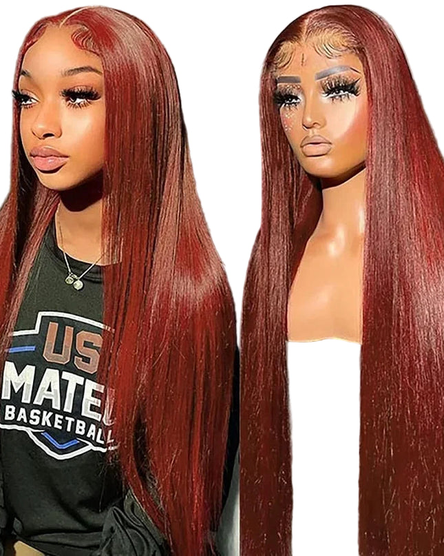 Side-by-side comparison of a person with red hair and a mannequin head with red hair, both styled similarly.