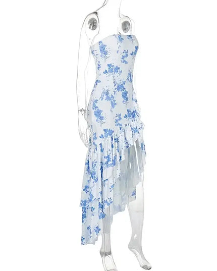 Sexy strapless summer dress with floral design and irregular hem, perfect for spring and summer fashion.