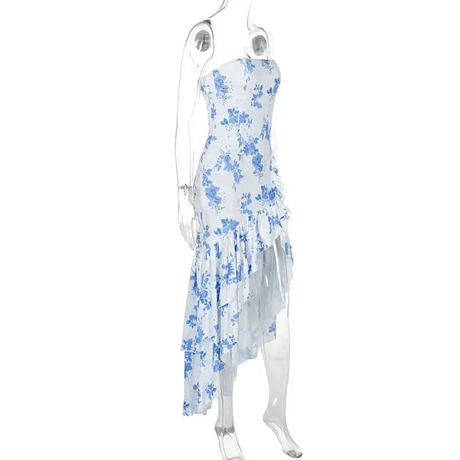 Sexy strapless summer dress with floral design and irregular hem, perfect for spring and summer fashion.