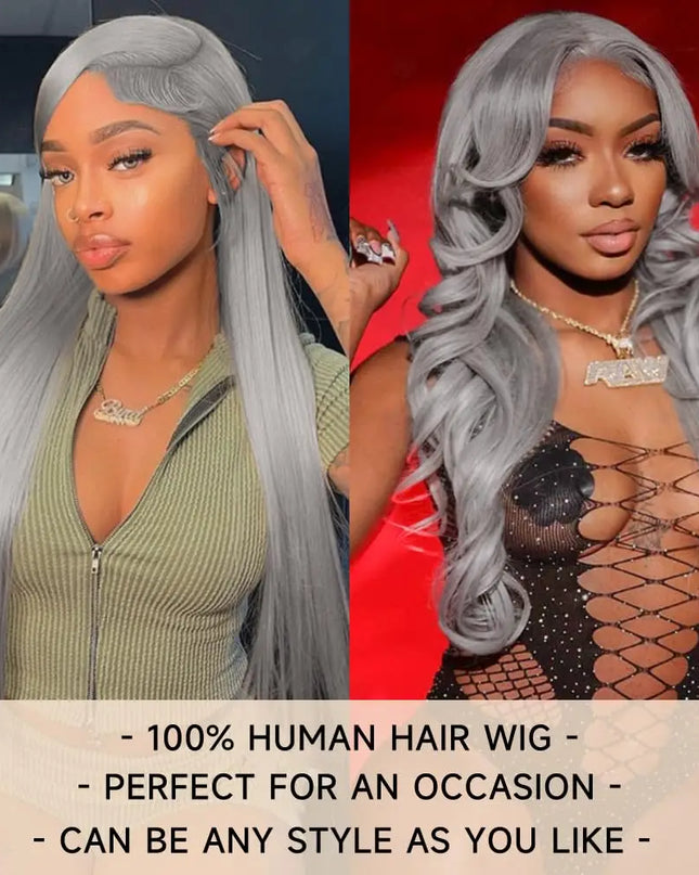 Two women with gray wigs, one in a green top and the other in a black outfit with fishnet stockings, on a red background.