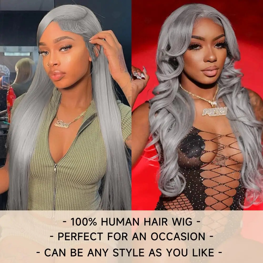 Two women with gray wigs, one in a green top and the other in a black outfit with fishnet stockings, on a red background.