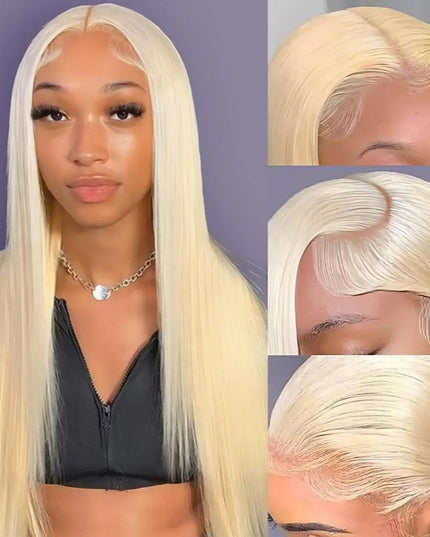 Woman with long blonde wig, close-up shots of the wig, and a purple background.