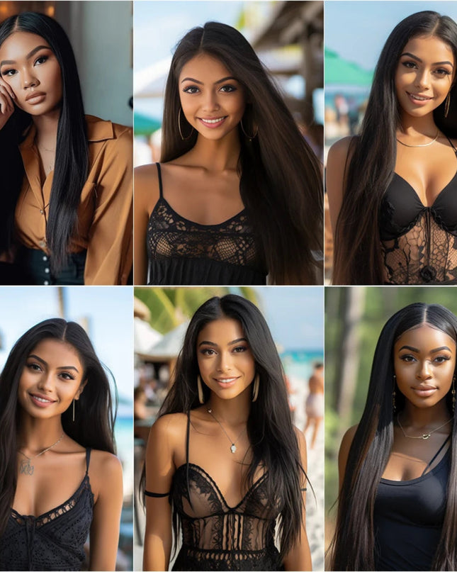 Collage of a woman in various outfits with a blurred background
