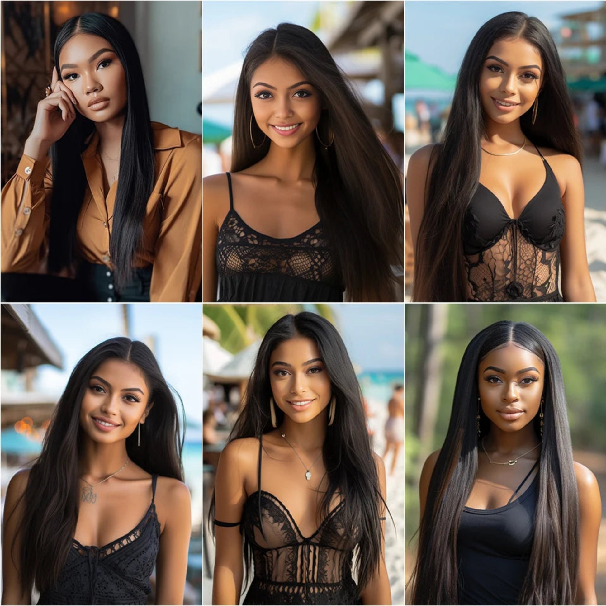 Collage of a woman in various outfits with a blurred background