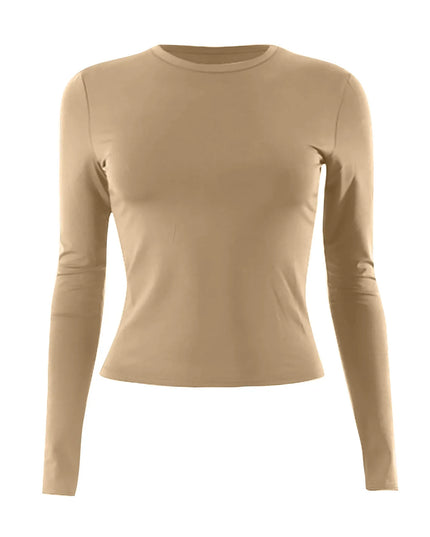 womens long sleeve crop top in a beige color with a slim fit design and classic O-neckline.