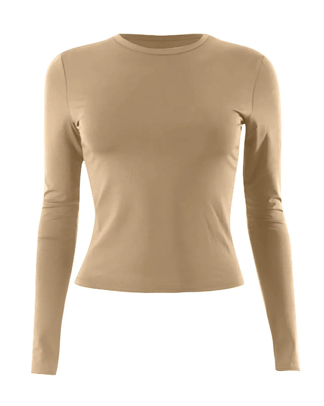 womens long sleeve crop top in a beige color with a slim fit design and classic O-neckline.