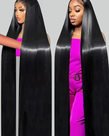 40 inch straight human hair wig displayed on a mannequin, showcasing a sleek bone straight style with a glossy finish.