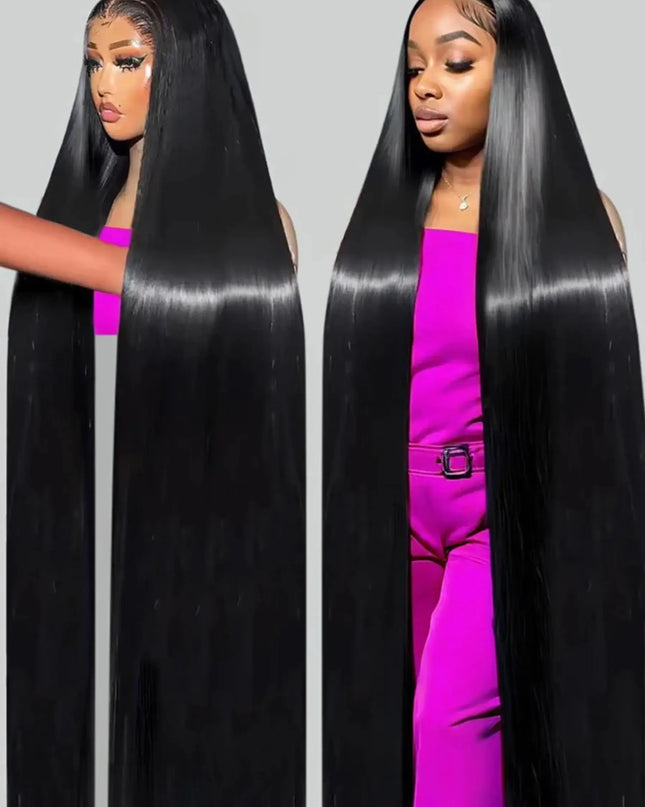 40 inch straight human hair wig displayed on a mannequin, showcasing a sleek bone straight style with a glossy finish.