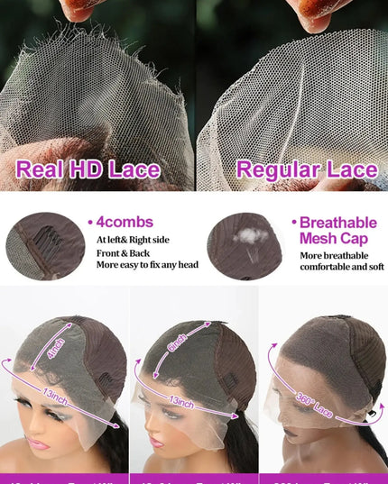 Comparison of Real HD Lace and Regular Lace with detailed features and a model wearing a lace wig.