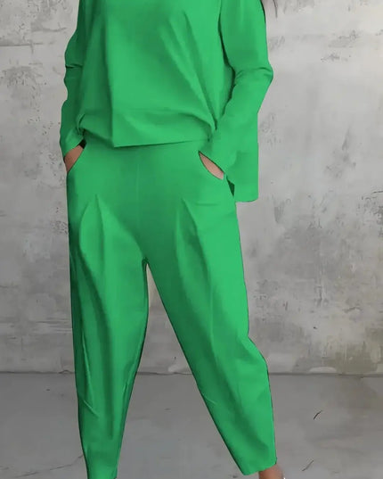 Women's Two-piece Solid Color Round Neck Long Sleeved Top and Casual Pants Set for Autumn 2024