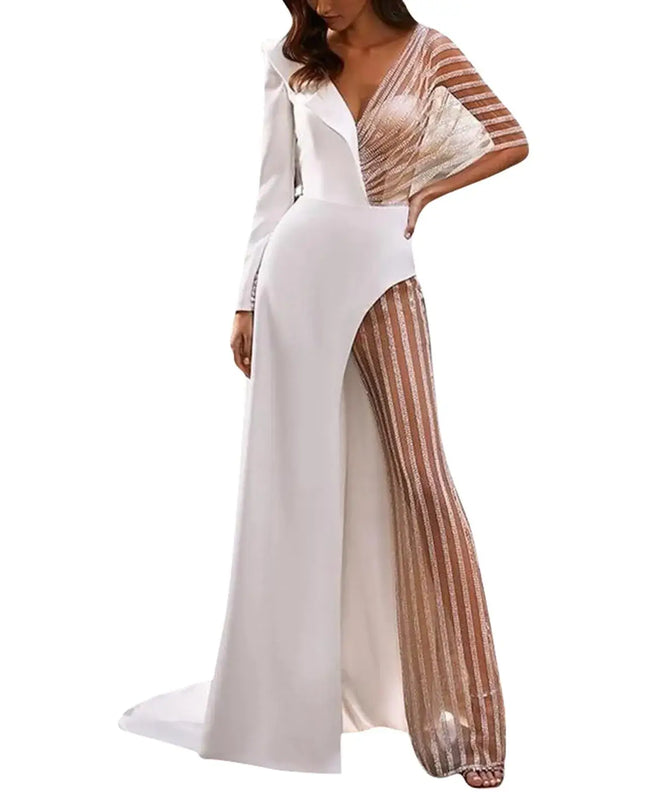 Elegant deep V long sleeve slit dress with sheer striped lace sleeves, perfect for formal events and evening occasions.