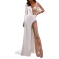 Elegant deep V long sleeve slit dress with sheer striped lace sleeves, perfect for formal events and evening occasions.