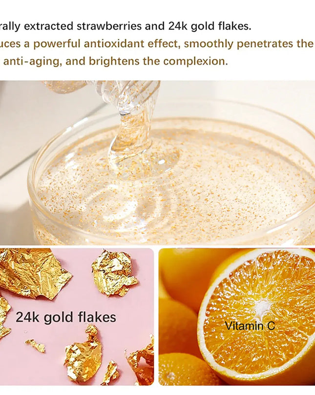 Strawberry gel with 24k gold flakes for skincare, highlighting anti-aging and brightening properties.