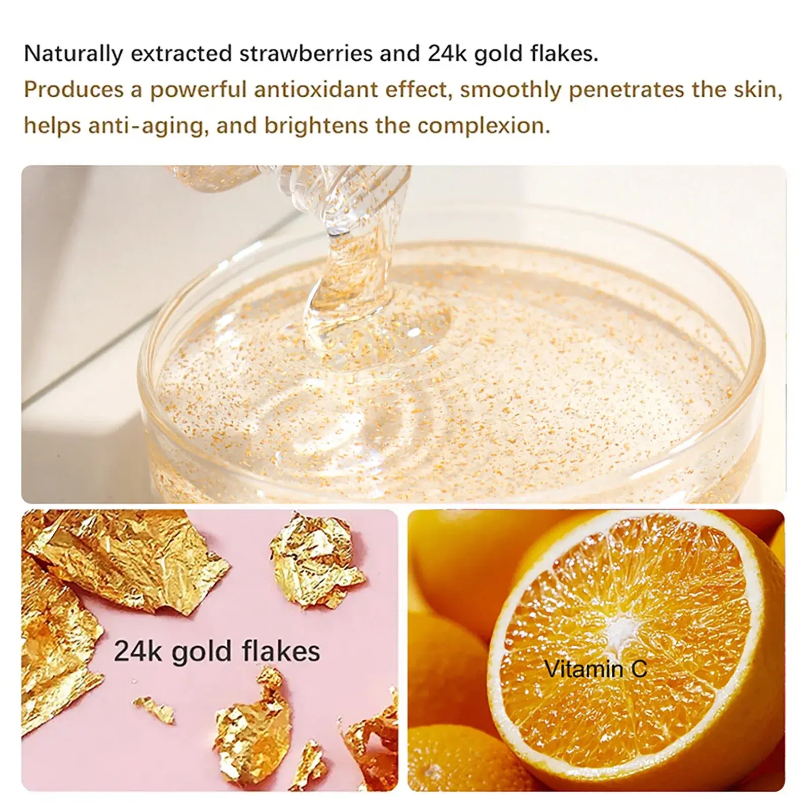 Strawberry gel with 24k gold flakes for skincare, highlighting anti-aging and brightening properties.
