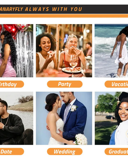 Promotional graphic with images of people celebrating various life events and text about 'Canaryfly'.