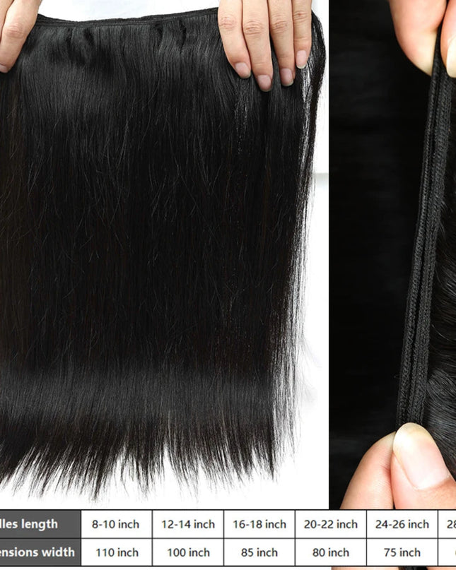 Black hair extensions held by hands with a measurement chart below.